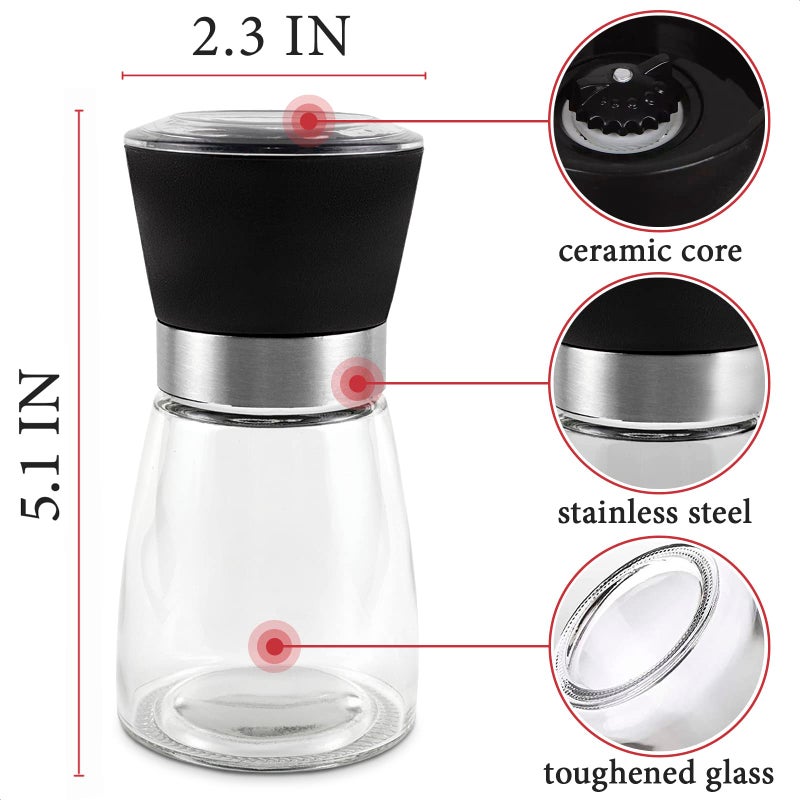 VIKROM Manual Refillable Pepper Grinder - 6 Oz Refillable Glass Grinders for Pepper, Salt & Other Spices, Adjustable Rotor with 5 Settings, Good for Home & Professional Use, Great Valentines Day Kitchen Gift - Image 2